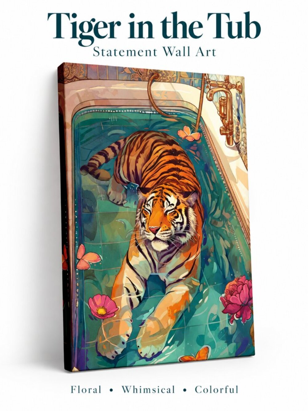 Tiger in Bathtub Canvas Wall Art 24x16 Floral Butterfly Teal New Sealed
